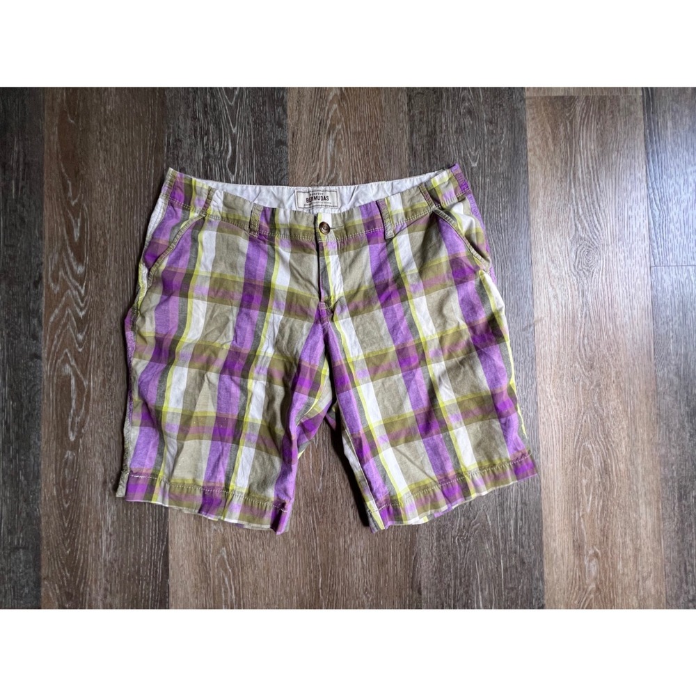 Old Navy Bermuda Shorts Womens 12 Purple Olive Plaid Perfect Khaki‎ Checkered